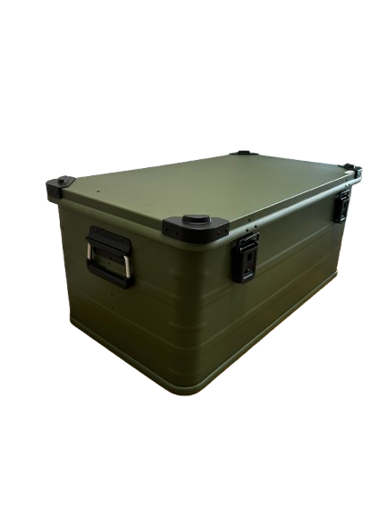 caisse en aluminium peinte au style militaire vert kaki 